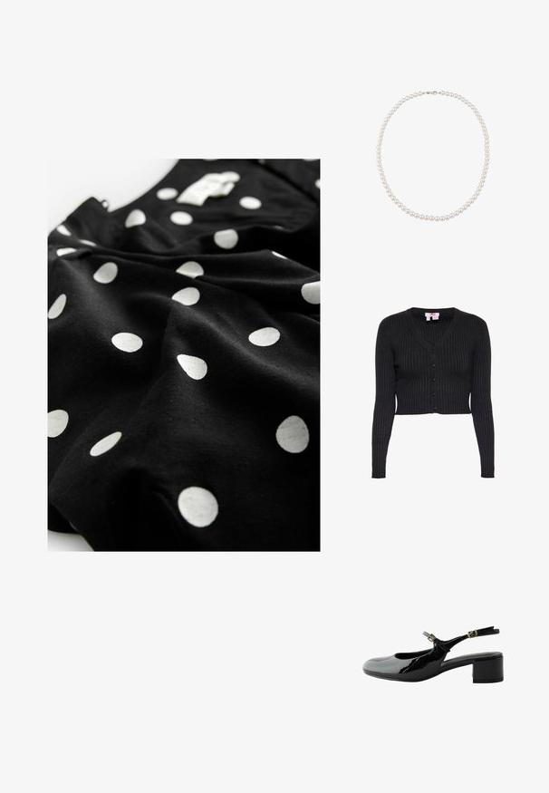 Zwarte geribde, korte gebreide cardigan met lange mouwen, V-hals en vijf knopen aan de voorkant, maat small.; Next V-NECK PUFF SLEEVE MINI - Blousejurk - black spot; Zwarte lakleren slingback met lage blokhak en twee gouden gespsluitingen.; Enkele rij parelketting met ronde witte parels en een kleine zilveren sluiting, weergegeven op een witte achtergrond.