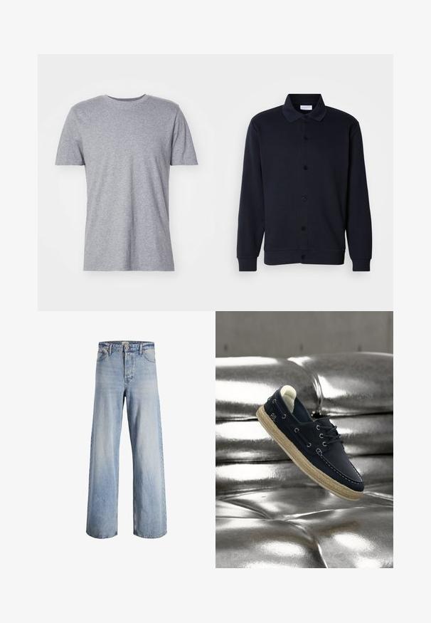 Marineblå knapjakke med krave, lange ærmer og en glat tekstur. Har seks knapper ned ad forsiden.; Grå, kortærmet t-shirt lavet af en bomuldsblanding, der har en klassisk crew neckline og en glat, blød tekstur.; Lysblå højtaljede wide-leg jeans med frontknap og lynlås, fem lommer og falmede detaljer på stoffet.; Marineblå bådsko med hvide syninger og beige rebsål, svævende over en skinnende metallisk sølvfarvet tuftet sofa.