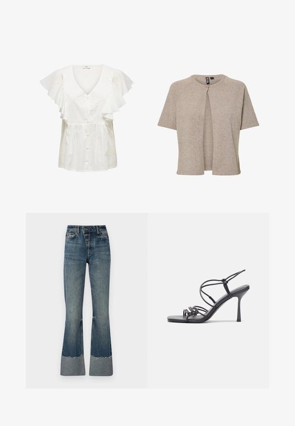 Cardigan en tricot beige avec un col rond, des manches courtes et une fermeture à boutons sur le devant, conçu avec une coupe décontractée et une texture douce.; Blouse blanche à manches courtes à volants, col en V profond, fermeture à boutons sur le devant et broderie florale sur le corsage. Tissu léger.; Jean flare en denim bleu moyen avec taille haute, cinq boutons et ourlet effiloché. Présente un poignet plus clair en bas et une texture décolorée.; Des sandales noires à talons hauts avec des fines lanières au design noué, un bout carré lisse et un talon aiguille élégant.