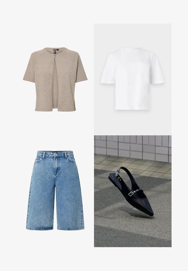 Cárdigan beige de punto con cuello redondo, mangas cortas y cierre delantero de botones, diseñado con un ajuste relajado y una textura suave.; Camiseta blanca lisa de manga corta con cuello redondo, mostrada extendida sobre un fondo gris claro.; Pantalones cortos de mezclilla en azul claro, con un diseño de corte amplio, estilo estándar de cinco bolsillos y una tela texturizada con un acabado desgastado.; Zapato plano negro de punta puntiaguda con tiras de doble hebilla y talón descubierto, descansando sobre asfalto gris cerca de una pared con azulejos.