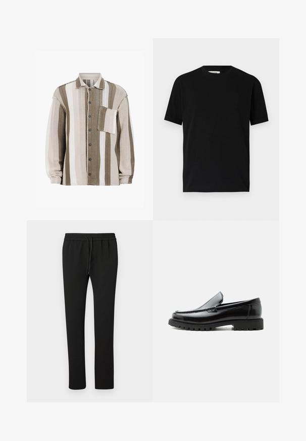 Chemise rayée avec des couleurs marron, crème et blanche, tissu texturé, design avec col, fermeture à boutons à l'avant et poche poitrine.; T-shirt noir à manches courtes en coton avec un col rond et une coupe ample. Texture lisse, sans motifs ni logos visibles.; Pantalons de jogging noirs avec une taille élastique et un cordon de serrage. Fabriqués en tissu doux, présentant un design de jambe fuselée et des détails minimalistes.; Mocassin en cuir noir avec semelle en caoutchouc épaisse, dessus cousu et nom de marque embossé sur le talon, présenté de profil sur fond blanc.
