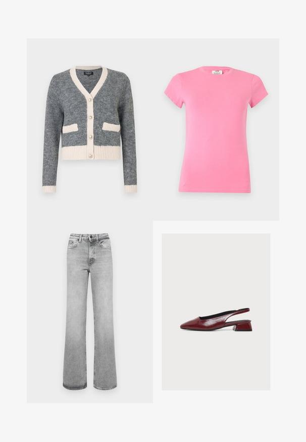 Grau gestrickte Strickjacke mit V-Ausschnitt, beigen Akzenten, geripptem Saum und zwei Fronttaschen. Verfügt über große perlenartige Knöpfe.; Einfarbiges kurzärmeliges Rundhals-T-Shirt in leuchtendem Pink, vor einem hellen neutralen Hintergrund dargestellt.; Helle graue, ausgebleichte gerade Jeans mit Fronttaschen, Gürtelschlaufen sowie einem Knopf- und Reißverschluss.; Burgunderrote Slingback-Lederschuhe mit spitzer Vorderkappe und niedrigem Blockabsatz, im Seitenprofil auf weißem Hintergrund.