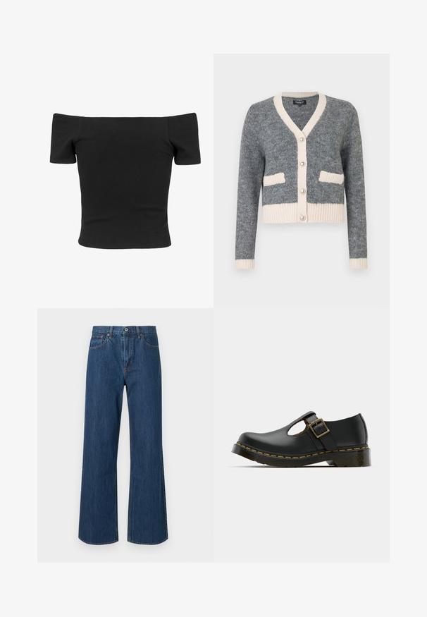 Grå strikket cardigan med V-hals, beige detaljer, ribbet kant og to forlommer. Udstyret med store perle-lignende knapper.; Sort ribbet off-shoulder top med korte ærmer, tætsiddende form, glat tekstur og et rent, enkelt design.; Bredde denimjeans i mellemblå, med høj talje, frontlommer og subtile stikninger. Glat tekstur med afrundede bundkanter.; Sort lædersko med rund tå, ankelrem og spænde, lav hæl og gul syning langs sålen. Glat tekstur overalt.