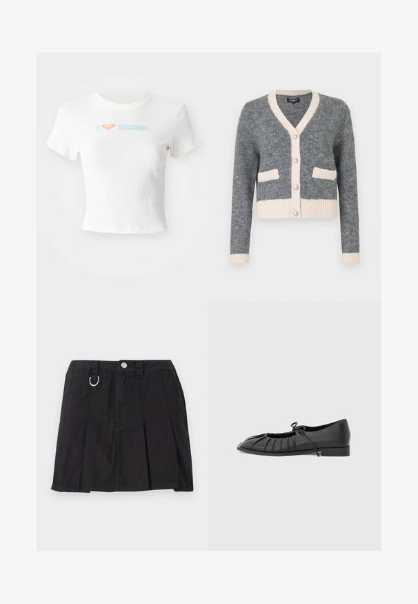 Grå strikket cardigan med V-hals, beige detaljer, ribbet kant og to forlommer. Udstyret med store perle-lignende knapper.; Hvid cropped t-shirt lavet af bomuld med et orange hjerte og "SURF" i lyseblåt print på forsiden. Korte ærmer, rund hals.; Sort plisseret nederdel lavet af bomuld, med frontknaplukning, bæltestropper og en D-ring detalje i taljen.; Sort flad sko med plisseret forstykke og bundet sløjfe på toppen, lav hæl og glat tekstur på en lysegrå baggrund.
