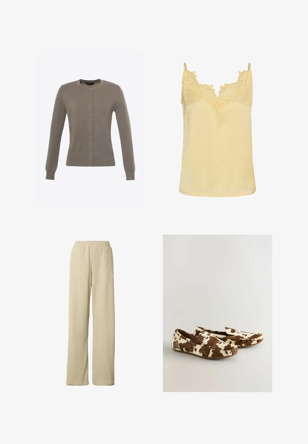 Cardigan marron clair en tricot doux, avec un col rond, des manches longues et une fermeture à boutons avec des boutons espacés de manière régulière.; Camisole en satin jaune avec bordure en dentelle florale le long du décolleté en V et fines bretelles.; Pantalon large beige côtelé avec taille élastique et petit logo blanc discret sur la partie supérieure de la cuisse.; Mocassins en imprimé vache faits d'un matériau doux avec un motif marron et blanc, dotés d'un design à enfiler et d'une semelle plate en caoutchouc.
