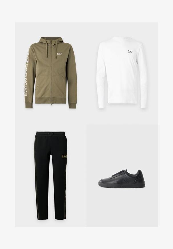 Olivgrüner Kapuzenpullover mit durchgehendem Reißverschluss, Fronttaschen, Kordelzug an der Kapuze und weißem EA7 Emporio Armani-Logo auf Brust und linkem Ärmel.; Weißes Langarm-T-Shirt aus Baumwolle mit kleinem schwarzem EA7-Logo auf der linken Brust. Einfaches Design mit Rundhalsausschnitt.; Schwarze Jogginghosen mit schmalem Schnitt, elastischem Bund mit Kordelzug und goldenen Akzentstreifen an den Seiten sowie einem Logo.; Schwarze Leder-Sneaker mit glatter Oberfläche, abgerundeter Zehenpartie, strukturiertem Seitenpaneel und schwarzen Schnürsenkeln. Verfügt über eine flache Gummisohle und ein minimalistisches Design.