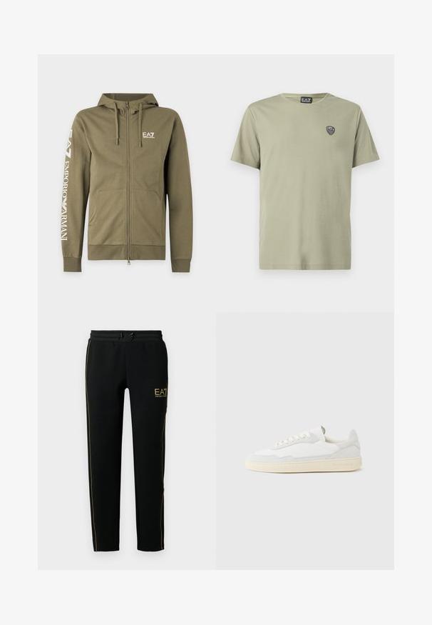 Olivovo zelená mikina na zips s prednými vreckami, kapucňou so sťahovacou šnúrkou a bielym logom EA7 Emporio Armani na hrudi a ľavom rukáve.; Svetlozelené tričko z mäkkej bavlny s okrúhlym výstrihom a krátkymi rukávmi. Na hrudi je malá čierna nášivka s logom.; Čierne tepláky majú zúžený strih, elastický pás so šnúrkou a zlaté prízvuky pozdĺž strán a na logu.; Biela teniska s jemne štruktúrovaným zvrškom zo semišu a kože. Má zaoblenú špičku, viazanie na šnúrky a kontrastnú béžovú gumovú podrážku.