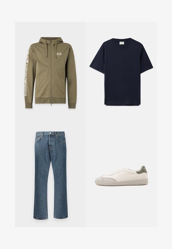 Olivgrüner Kapuzenpullover mit durchgehendem Reißverschluss, Fronttaschen, Kordelzug an der Kapuze und weißem EA7 Emporio Armani-Logo auf Brust und linkem Ärmel.; Dunkelblauses Baumwoll-T-Shirt mit kurzen Ärmeln, Rundhalsausschnitt und lockerer Passform. Das Etikett am Ausschnitt trägt den Schriftzug "CLOSED". Glatte Textur.; Blaue Denim-Jeans mit geradem Bein, ausgestattet mit einem klassischen Knopf- und Reißverschluss, fünf Taschen und dezenten Ausbleichungen.; Weißer niedriger Sneaker mit hellgrauen Wildleder-Akzenten an Zehen und Ferse, weißen Schnürsenkeln und einer flachen beigen Sohle, von der Außenseite gezeigt.