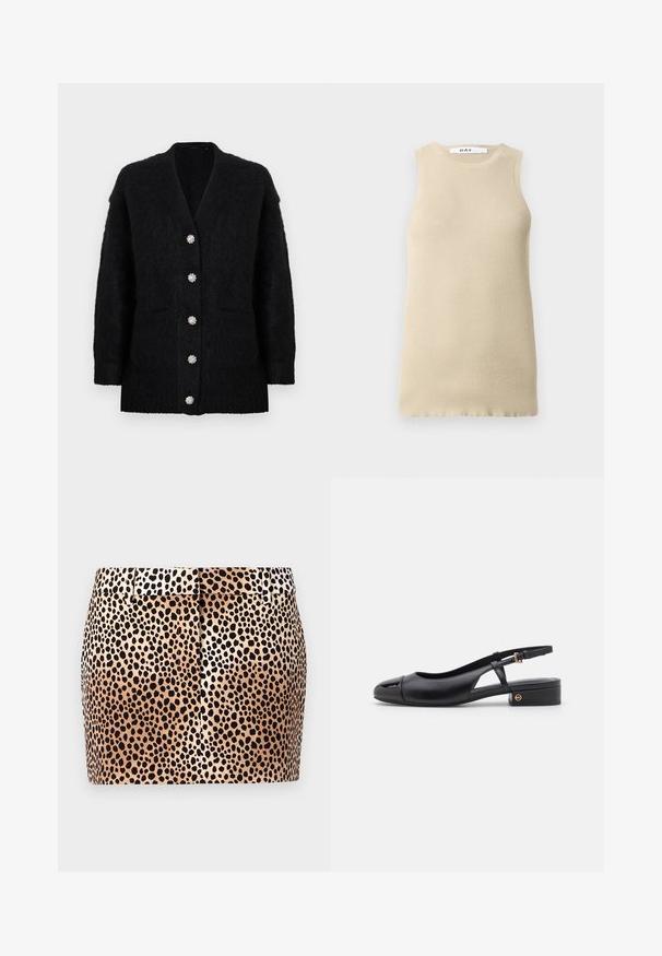 Cardigan noir en tissu doux et texturé, doté d'un profond décolleté en V, de six boutons décoratifs et de deux poches avant.; Haut sans manches beige à côtes avec col rond, présentant une coupe ajustée et une texture lisse, idéal pour le superposé ou les temps chauds.; Mini-jupe imprimé léopard avec un fond beige et des taches noires, une coupe ajustée, et une ceinture plate avec passants pour ceinture.; La chaussure slingback en cuir noir présente un bout arrondi, un petit talon carré et un design avec découpe latérale agrémenté d'un accent doré.