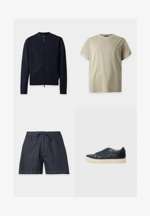 Cardigan en maille bleu marine avec fermeture éclair intégrale, col, poignets et bas côtelés, présenté à plat sur un fond clair.; T-shirt beige à manches courtes avec col rond et une petite étiquette noire à l'intérieur du col portant la mention Michael Kors.; Short de bain bleu marine avec coutures blanches, taille élastique, poches latérales et fermeture à nouer sur le devant.; Baskets en cuir bleu marine avec semelle en caoutchouc crème, dotées de lacets bleus et d'une texture lisse. Bout arrondi et design minimaliste.