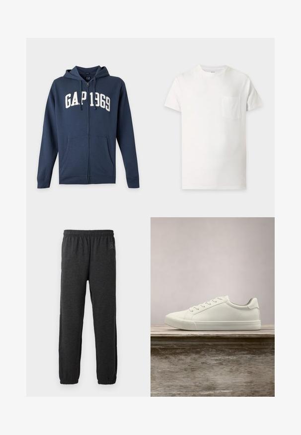 Marineblauwe hoodie met rits, voorzakken, capuchon met trekkoorden en witte "GAP 1969" tekst op de borst.; Effen witte T-shirt met korte mouwen, een ronde halslijn en een klein borstzakje aan de linkerkant.; Grijze sweatpants van zacht materiaal, met een elastische tailleband en taps toelopende benen met elastische boorden. Subtiele logo-detail op een been.; Witte vetersneaker die boven een houten bank zweeft met groene bladeren op de achtergrond, waarbij het ontwerp en de textuur van de schoen worden getoond.