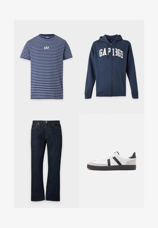 Φούτερ navy blue με φερμουάρ, εμπρόσθιες τσέπες, κουκούλα με κορδόνια και λευκό κείμενο "GAP 1969" στο στήθος.; Μπλε σκούρο κοντομάνικο T-shirt με λεπτές λευκές οριζόντιες ρίγες και λευκό λογότυπο "GAP" στο κέντρο του στήθους.; Σκούρα μπλε τζιν παντελόνι με ίσια γραμμή, μπροστινές τσέπες, χαλκομανίες και κλείσιμο με κουμπί.; Λευκό αθλητικό παπούτσι με μαύρες και γκρί λεπτομέρειες, featuring ένα υφή γκρί καλύμμα δαχτύλου, μαύρη καουτσούκ σόλα και επίπεδες λευκές κορδόνες. Καθαρός σχεδιασμός, μινιμαλιστικό στυλ.