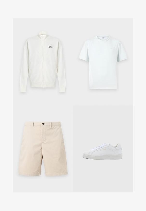 Veste blanche à fermeture éclair complète avec manches longues et logo EA7 Emporio Armani sur la poitrine gauche, col montant, poignets et ourlet côtelés.; T-shirt blanc uni à manches courtes avec col rond, orné d'un logo discret sur la poitrine et d'une étiquette de marque visible à l'intérieur du col.; Shorts en coton beige avec passants pour ceinture, bouton frontal et fermeture éclair, présentés sur un fond clair uni.; Baskets basses en cuir blanc avec bout rond, lacets plats, semelle texturée et logo discret doré sur le côté. Surface lisse et design minimaliste.