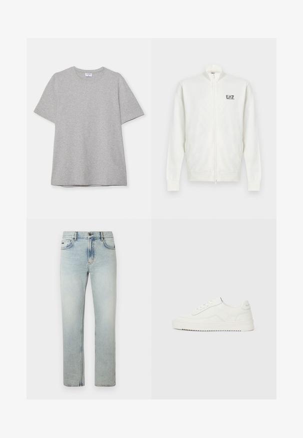 Hvid jakke med fuld lynlås, lange ærmer og EA7 Emporio Armani-logo på venstre bryst, ståkrave samt ribstrikkede manchetter og kant.; Grå kortærmet T-shirt lavet af blødt, struktureret stof. Har en klassisk rund hals og en lige kant, velegnet til afslappet brug.; Lyseblå denimjeans med lige ben, der har fem-lomme design, knaplukning og subtile falmede detaljer.; Hvid lavskoet lædersneaker med snørelukning, tekstureret hælkappe og let rillede hvide gummisål på en ensfarvet lys baggrund.