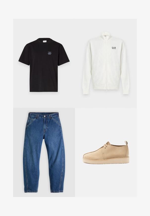 Weiße Jacke mit durchgehendem Reißverschluss, langen Ärmeln und EA7 Emporio Armani Logo auf der linken Brust, Stehkragen sowie gerippten Bündchen an Ärmelabschlüssen und Saum.; Schwarzes Baumwoll-T-Shirt mit Rundhalsausschnitt und kurzen Ärmeln. Mit einem kleinen blauen Logo auf der linken Brust. Einfaches, gerade geschnittenes Design.; Blaue Denim-Jeans mit lockerer Passform, ausgestattet mit Knopfverschluss, fünf Taschen und kontrastierenden orangefarbenen Nähten. Durchgehend glatte Textur.; Beiger Wildleder-Schnürschuh mit abgerundeter Spitze, dicker Sohle und Zugschlaufe an der Ferse, in Seitenansicht vor weißem Hintergrund gezeigt.