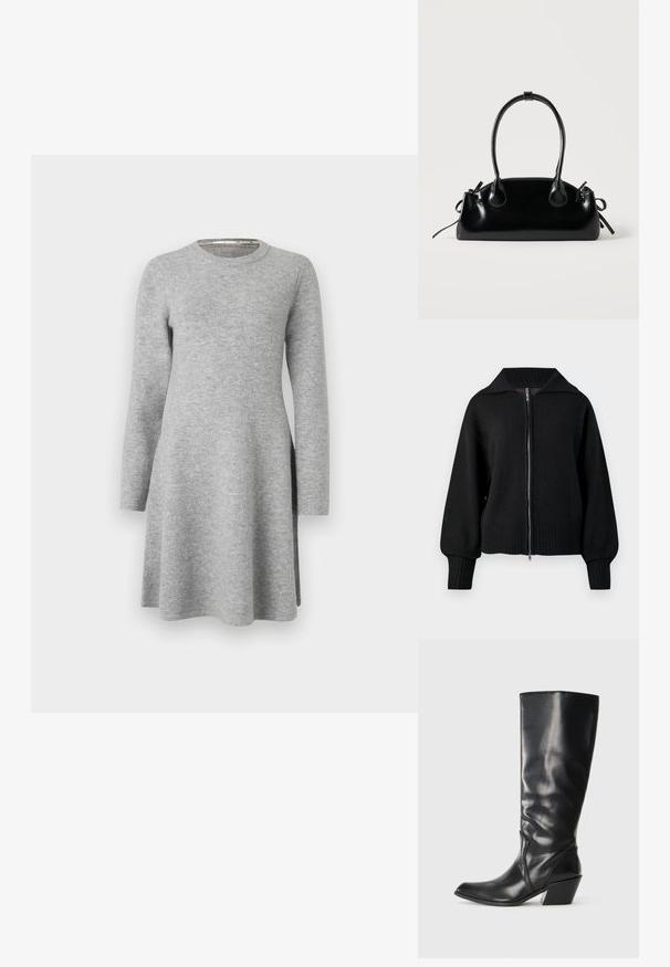 Veste zippée noire en maille avec un large col, des poignets côtelés et un ourlet côtelé.; Robe grise à manches longues en tissu doux ; présente un col rond et une coupe décontractée, s'évasant légèrement à l'ourlet avec des fentes latérales.; Botte en cuir noir montante jusqu'au genou avec un bout pointu, un talon angulaire et une texture lisse. Présente une subtile couture sur le côté.; Petit sac à main noir brillant avec deux longues anses et des détails à cordon sur les côtés sur un fond clair uni.