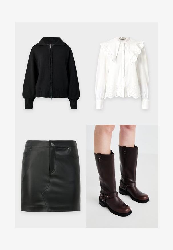 Sort strikjakke med lynlås, bred krave, ribbede manchetter og ribbet kant.; Hvid bluse med høj krave, flæse trim og blomsterudskåret blonde detaljer ved kanten. Knaplukning foran og lange ærmer.; Sort faux læder mini nederdel med frontknap, lynlås lukning, front- og baglommer samt sømdetaljer.; Brune læder knæ-høje støvler med en glat tekstur, der har en bred rem og trekantede metal detaljer samt flade gummisåler.
