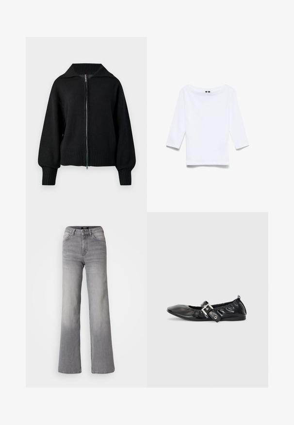 Zwarte gebreide zip-up jas met brede kraag, geribbelde manchetten en geribbelde zoom.; Witte driekwartmouwen shirt gemaakt van een katoenen mix; beschikt over een brede bootnek en een gladde, lichte textuur.; Grijs denim jeans met hoge taille en rechte pijpen, voorzien van een knoop en ritssluiting aan de voorkant, voor- en achterzakken, en een vervaagde schaduw op de dijen en kuiten.; Zwarte leren platte schoen met een spitse neus, geplooide details rond de opening en een zilveren gespaccentueerde verstelbare band.