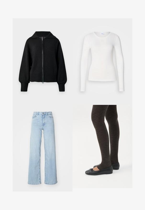 Veste zippée noire en maille avec un large col, des poignets côtelés et un ourlet côtelé.; Chemise blanche à manches longues en tissu doux et lisse ; présente un col rond et une coupe ajustée, sans motifs ni embellissements.; Jeans en denim bleu clair à jambes larges. Dispose d'une taille haute, d'une fermeture à bouton à l'avant et de deux poches. Texture lisse avec un léger dégradé.; Jambes portant des leggings côtelés foncés associés à des ballerines noires avec de petits détails en nœud sur fond blanc.