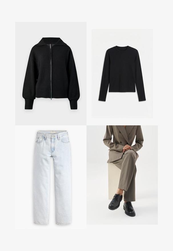 Zwarte gebreide zip-up jas met brede kraag, geribbelde manchetten en geribbelde zoom.; Zwart, effen, nauwsluitend shirt met lange mouwen en ronde hals, afgebeeld tegen een witte achtergrond.; Lichtblauwe, rechte spijkerbroek met hoge taille, met vijf zakken, een sluiting met knoop aan de voorkant en zichtbare stikseldetails.; Persoon die een taupekleurig pak draagt en met gekruiste benen op een witte blok zit, zwarte leren veterschoenen toont tegen een witte achtergrond.