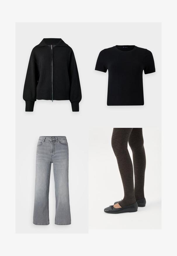 Chaqueta negra de punto con cremallera, cuello ancho, puños acanalados y dobladillo acanalado.; Camiseta negra de manga corta con cuello redondo, hecha de tela suave. Presenta un corte clásico y un diseño limpio y sencillo.; Jeans de mezclilla gris claro de pierna ancha con cintura alta, cinco bolsillos y cierre clásico con cremallera y botón. Textura suave con un leve desgaste.; Piernas con leggings oscuros acanalados combinados con bailarinas negras que presentan pequeños detalles de lazo sobre un fondo blanco.