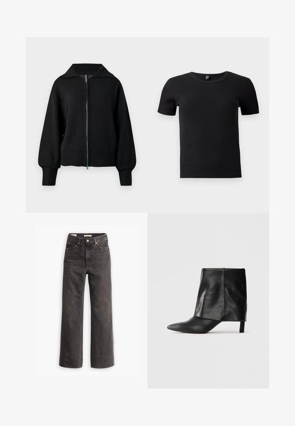 Veste zippée noire en maille avec un large col, des poignets côtelés et un ourlet côtelé.; T-shirt noir à manches courtes en tissu côtelé. Doté d'un col rond classique et d'une silhouette ajustée. Sans accents supplémentaires.; Jeans taille haute et coupe large en denim gris foncé, avec des poches avant, des rivets en cuivre contrastants et une finition épurée sans embellissements.; Botte noire en cuir mi-mollet avec bout pointu, tige supérieure repliée et petit talon élancé, se tenant sur fond blanc.
