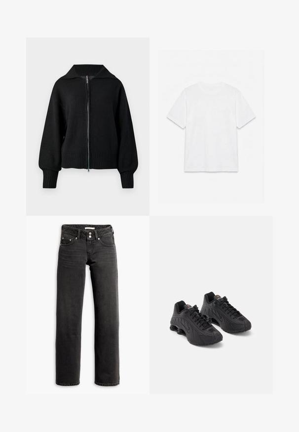 Sort strikjakke med lynlås, bred krave, ribbede manchetter og ribbet kant.; Hvid ensfarvet t-shirt med korte ærmer og rund hals, lagt fladt på en hvid baggrund.; Sorte straight-leg jeans med for- og baglommer, bæltestropper og dobbeltknaplukning i taljen.; Sorte atletiske sko med en glat syntetisk overdel, teksturerede detaljer, snørebåndsdesign og synlig fjederaffjedring ved hælen.
