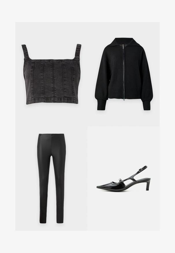 Čierna pletená bunda na zips s širokým golierom, rebrovanými manžetami a rebrovaným lemom.; Čierny denimový crop top so širokými ramienkami, ktorý má vertikálne švy a štruktúrovaný strih. Hladký povrch s mierne vyblednutým vzhľadom.; Elastické čierne faux kožené nohavice s úzkym strihom, bočnými vreckami a hladkou textúrou, navrhnuté pre štíhly siluetu.; Čierna lakovaná slingback obuv s ostrou špičkou, nízkym opätkom a dvoma nastaviteľnými prackami, zobrazená z profilu.