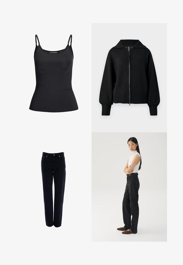 Zwarte gebreide zip-up jas met brede kraag, geribbelde manchetten en geribbelde zoom.; Zwart aangesloten dames top zonder mouwen met dunne verstelbare schouderbandjes en een lichte ronde hals, getoond op een witte achtergrond.; Zwarte denim jeans met een recht model, vijf zakken en een knoopsluiting. Het materiaal is stevig met een gladde textuur.; Zwarte wijde jeans met een hoge taille, gecombineerd met een getextureerde, witte mouwloze top en bruine loafers met luipaardprint. Simpele, moderne styling.