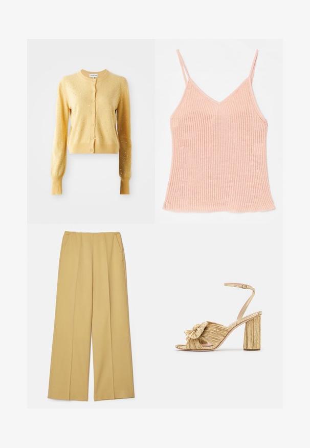 Gul cardigan med lange ærmer, der har en rund halsudskæring, knaplukning og er pyntet med små sølvnitter over stoffet.; Peachfarvet strikket tanktop med tynde justerbare stropper, V-halsdesign, ribbet tekstur og lige kant.; Viddebenede bukser i en sennepsgul stof, med forlommer og en glat tekstur, samt et rent, skræddersyet design.; Guldhælede sandaler med en knyttet front, plisseret tekstur og en ankelrem. Blokhælen har et ribbet design, der forbedrer grebet.