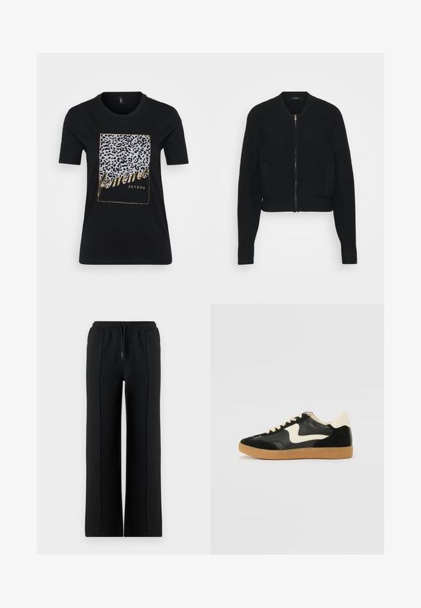 Schwarze kurze Bomberjacke aus strukturiertem Stoff mit einem vorderen Reißverschluss, gerippten Bündchen und zwei Seitentaschen.; Schwarzes Baumwoll-T-Shirt mit einem Leopardenmuster und goldener Schrift, die "femmes FUTURE" innerhalb eines rechteckigen Rahmens zeigt.; Schwarze Sweatpants mit weitem Bein, elastischem Bund und Kordelzug. Hergestellt aus weichem Stoff, mit vorderen Nähten für zusätzliche Details.; Schwarze Wildleder- und Leder-Sneaker mit einem cremefarbenen Seiten-Swoosh und einer hellcremefarbenen Ferse. Ausgestattet mit beige Schnürsenkeln und einer Gummilaufsohle.