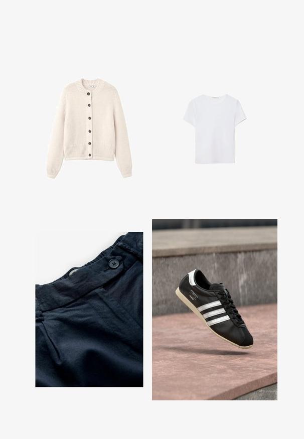 Kremfarvet strikket cardigan med rund hals, struktureret stof, lange ærmer og seks mørke knapper langs fronten. Ribbet kant.; Hvid kortærmet t-shirt lavet af blødt stof. Har en rund halsudskæring og et simpelt, rent design med en lige underkant.; Marineblå bukser lavet af letvægtsstof med flad talje, knaplukning og subtil tekstur. Har lommer og sømdetaljer.; Sort lædersneaker med hvide striber og sål, snøret, svævende over en rosa betonoverflade med en grå stenvæg i baggrunden.