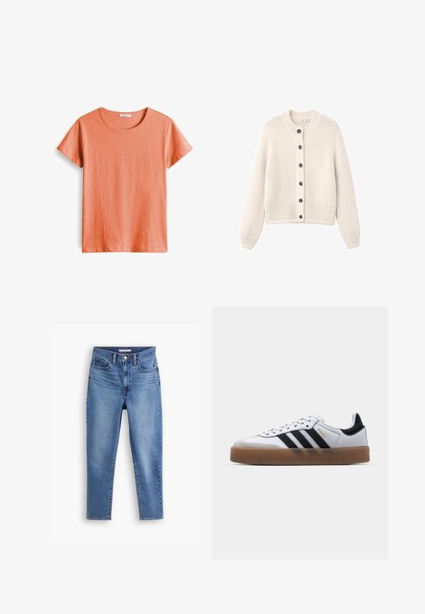Crème-kleurige gebreide cardigan met een ronde hals, textuurstof, lange mouwen en zes donkere knopen aan de voorkant. Geribbelde zoom.; Korte mouwen T-shirt in licht koraal, gemaakt van zachte katoen, met een ronde hals en een gladde textuur zonder patronen of accenten.; Blauwe hoge taille damesjeans met een sluiting met een knop en rits aan de voorkant, riemlussen en een vijf-pocket ontwerp, plat op een witte achtergrond.; Witte leren sneakers met zwarte strepen, gumrubberen buitenzool, ronde neus, vetersluiting en een zachte grijze suède neuskap.