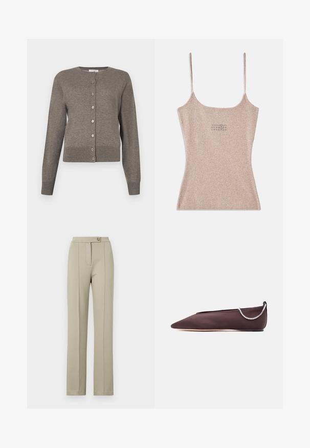 Graue Damen-Strickjacke mit langen Ärmeln, Rundhalsausschnitt und durchgehender Knopfleiste vorne.; Rippenshirt in Beige mit dünnen verstellbaren Trägern. Mit einem quadratischen Ausschnitt und einem kleinen Druckdetail in der Mitte.; Beige maßgeschneiderte Hose mit geradem Schnitt, ausgestattet mit einem Reißverschluss vorne, einem einzelnen Knopfverschluss und dezenten Bügelfalten entlang der Vorderbeine.; Dunkelbrauner flacher Schuh mit spitz zulaufender Spitze, niedrigem Absatz und einer silbernen Strasssteinkette auf der Rückseite.