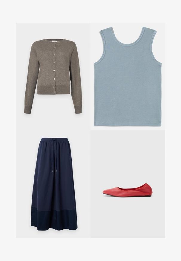 Grå langærmet cardigan til kvinder med rund halsudskæring og fuld knaplukning foran.; Lys blå tanktop lavet af ribbet stof. Har en rund halsudskæring og brede ærmegab. Flade sømme ved kanterne og en lige afslutning.; Navynavy maxi nederdel lavet af blødt stof, med en elastisk talje og snorelås samt et mørkere blåt panel ved kanten.; Filippa K REY FLATS - Ballerinasko - bright red