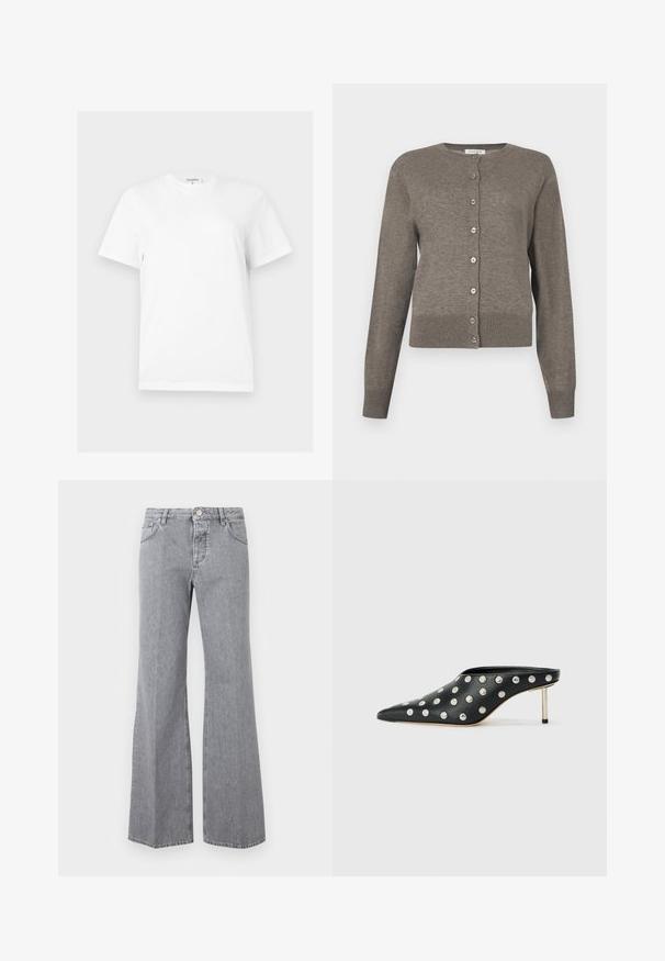 Cardigan gris pour femmes à manches longues, avec encolure ronde et fermeture intégrale à boutons sur le devant.; T-shirt blanc uni à manches courtes et col rond, coupe droite avec une petite étiquette de marque au niveau de l'encolure.; Jean en denim gris taille haute avec bouton et fermeture éclair à l'avant, cinq poches et jambes évasées larges, présenté sur un fond uni.; STAND STUDIO KELSEY - Mules à talons - black