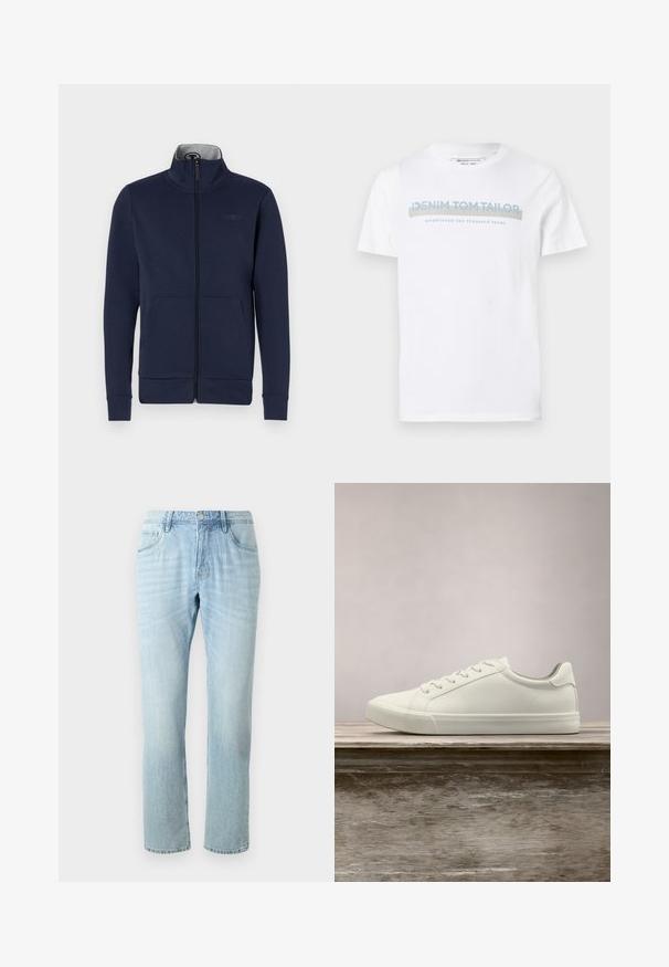 Marineblå zip-jakke i blødt stof med ståkrave, to frontlommer og ribbet mansjetter og nederkant. Diskret logo-detalje på brystet.; Hvid bomulds T-shirt med rund halsudskæring, korte ærmer og et blåt grafisk tekstdesign, der siger "DENIM TOM TAILOR etableret 2007."; Lyseblå denimjeans med lige ben, som har fem lommer, diskret falming og en metalknap i taljen.; Hvide snørresneakers svævende over en træbænk med grønne planter i baggrunden, der fremhæver skodesign og tekstur.