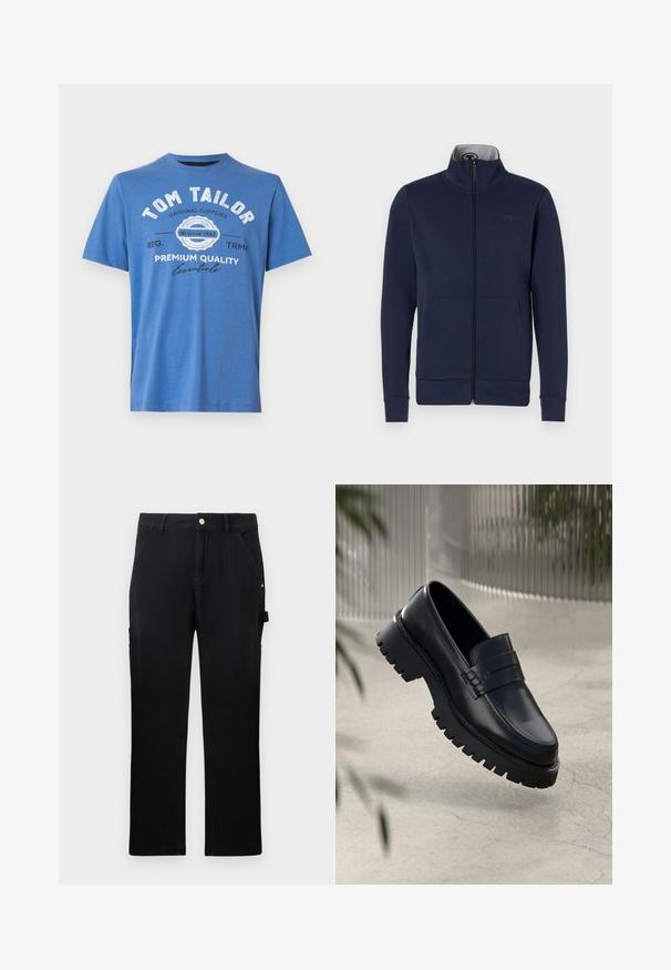 Marineblå zip-jakke i blødt stof med ståkrave, to frontlommer og ribbet mansjetter og nederkant. Diskret logo-detalje på brystet.; Blå kortærmet T-shirt lavet af bomuld. Har trykt tekst med "TOM TAILOR" og logo. Klassisk rund halsudskæring og lige kant.; Sorte leggings arbejdsbukser med forlommer, bæltestropper, knaplukning og sideværktøjsløkke på ensfarvet baggrund.; Sorte læder loafers med en chunky sål, der har en dekorativ rem og syninger. Glat tekstur med en poleret overflade.