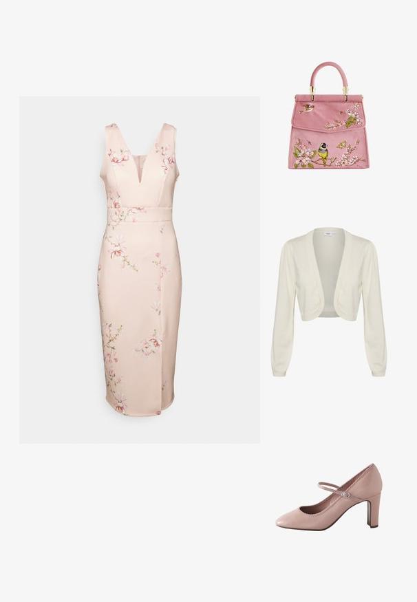 Crème-kleurige cropped cardigan met lange mouwen, open voorkant en geribbelde accenten bij de manchetten en onderkant. Zachte gebreide textuur.; WAL G. WEDDING ALMA V NECK MIDI - Jerseyjurk - light pink; Roze leren hoge hak met een afgeronde teen, enkelbandje en gegolfde rand. Voorzien van een smalle blokhak voor extra ondersteuning.; Roze suède handtas met bloemige borduursels, met vogels en vlinders. Hardware in goudkleur en een ronde bovenhandgreep. Elegante flapsluiting.