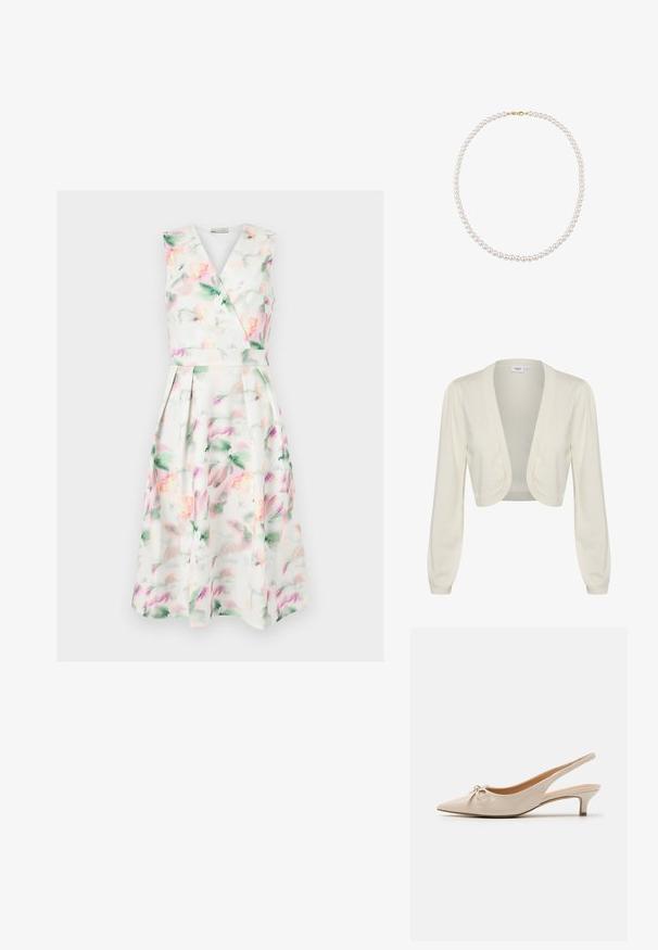 Cremefarvet cropped cardigan med lange ærmer, åben frontdesign og ribbede detaljer ved ærmekanterne og kanten. Blød strikket tekstur.; Ærmeløs hvid midi-kjole med pastel akvarelblomstret print, V-hals omslagsbodice, tætsiddende talje og plisseret nederdel.; Beige patenterede læder slingback hæle med spidse tæer og en dekorativ sløjfe på vampen. Inkluderer en lav, slank hæl og en glat tekstur.; Enkelt trådet perlekrave med små runde hvide perler og en guldlås på en hvid baggrund.