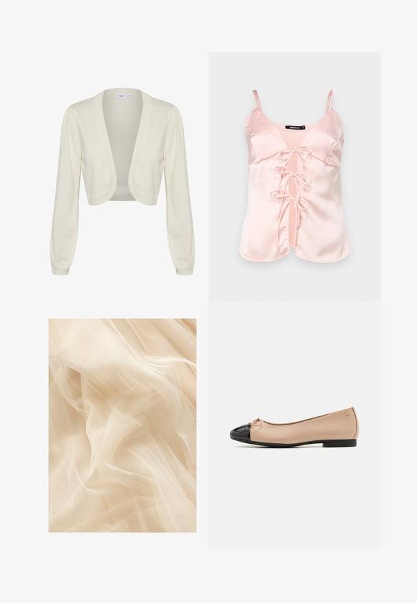 Cremfarbener, kurzer Cardigan mit langen Ärmeln, offenem Frontdesign und gerippten Akzenten an den Bündchen und dem Saum. Weiche Stricktextur.; Rosa Satin-Camisole mit verstellbaren Spaghetti-Trägern, ausgestattet mit einer vorderen Bindeschleife mit Schlaufen und einem V-Ausschnitt-Design. Glatte Textur und klare Linien.; Helle beige Tüllstoff mit einer weichen, durchsichtigen Textur, der eine feine Maschenwebung aufweist, die sanfte Wellen und Falten erzeugt.; Balletschuhe mit einem beigefarbenen Satin-Obermaterial, einer schwarzen Lackleder-Zehenkappe, einer kleinen Schleifenverzierung an der Vorderseite und einem niedrigen schwarzen Absatz.