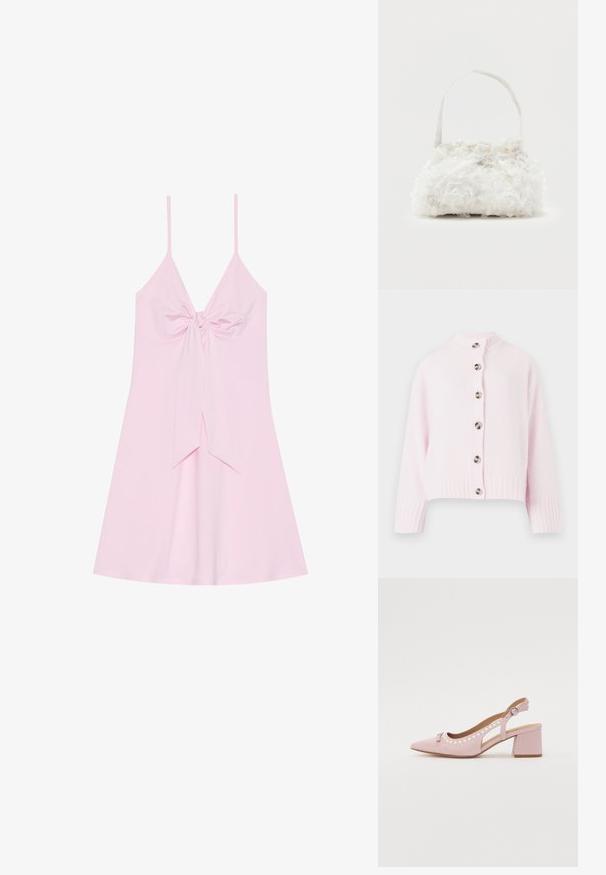 Cardigan en tricot rose pâle avec un col montant, doté d'une fermeture à six boutons et de poignets côtelés. Texture douce et coupe courte.; Robe sans manches rose avec un nœud à l'avant et une jupe évasée. Fabriquée en tissu doux au toucher lisse. Bretelles fines ajustées.; Escarpin rose à bride arrière avec un bout pointu, tige en tissu, découpes arrondies, accents de perles et talon large. Présente un détail de boucle latérale.; Petit sac à main blanc orné de roses en tissu recouvrant le corps et d'une fine anse unique, sur un fond uni.