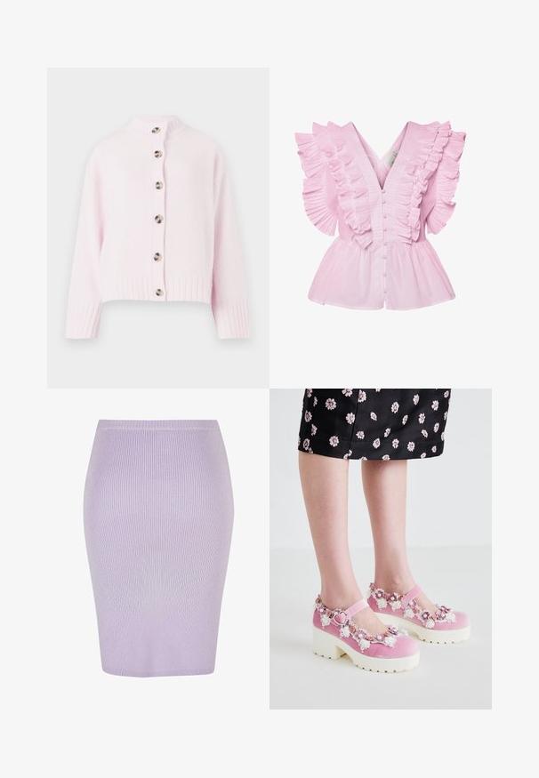 Cardigan en tricot rose pâle avec un col montant, doté d'une fermeture à six boutons et de poignets côtelés. Texture douce et coupe courte.; Blouse rose clair avec des manches volantes et un décolleté en V. Elle possède une fermeture à boutons à l'avant et un buste ajusté qui s'évase en style peplum.; Jupe crayon côtelée en violet clair avec un design ajusté. Présente une taille haute, une texture lisse et une coupe au niveau des genoux.; Des chaussures Mary Jane en velours rose avec des semelles plates blanches, ornées d'appliqués floraux et de détails en dentelle autour de l'ouverture et de la bride à la cheville.