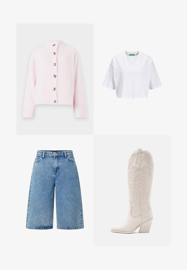 Lyserød strikket cardigan med høj krave, der har lukning med seks knapper og ribstrikkede manchetter. Blød tekstur og kort design.; Hvid cropped t-shirt lavet af bomuld, med korte ærmer og rund hals. Grøn label indeni med synligt mærkenavn.; Lysblå denimshorts med en bred skæring, standard fem-lomme design og et struktureret stof med en falmet finish.; Hvide læder cowboystøvler med spidse tæer og blokhæle. Har intrikate syninger på skaftet og en glat tekstur.