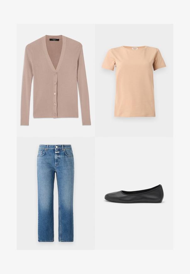 Cardigan beige à côtes, à manches longues, avec un décolleté en V profond et une fermeture à six boutons sur le devant. Texture lisse et design ajusté.; T-shirt beige manches courtes avec col rond et ourlet droit sur un fond uni gris clair.; CLOSED MILO - Jean droit - mid blue; Ballerines en cuir noir avec un bout rond, texture lisse, détails de couture minimalistes et design de semelle flexible.