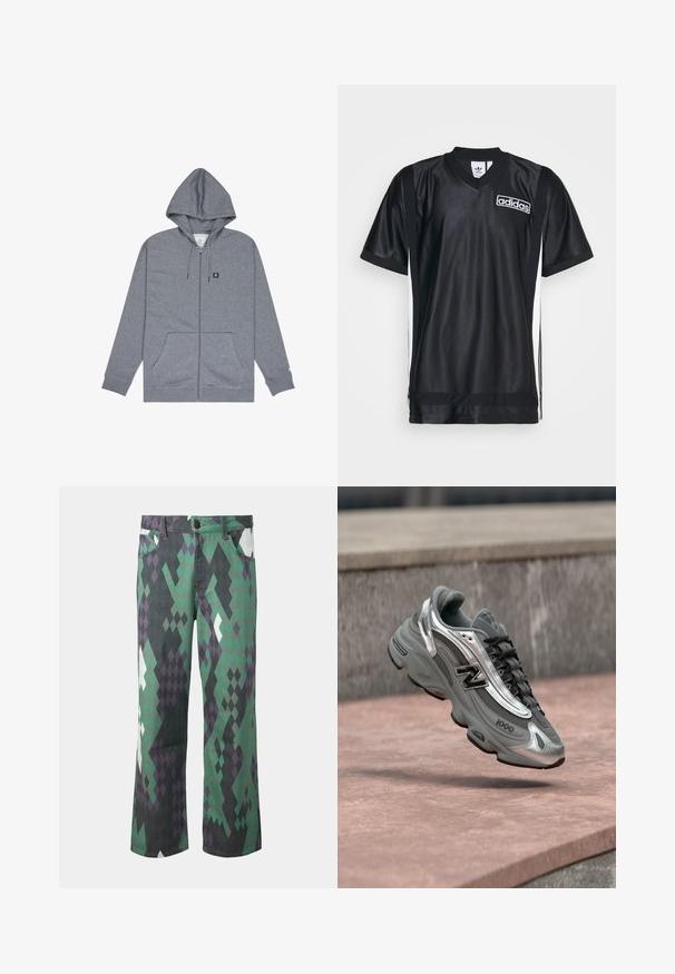 Sweat-shirt à capuche gris avec fermeture éclair, poches avant et petit logo noir sur la poitrine gauche, présenté à plat sur un fond blanc.; Maillot de sport noir en tissu brillant et lisse avec un col en V, doté de rayures blanches sur les côtés et d'un logo Adidas sur la poitrine.; Pantalon droit avec un motif géométrique en forme de losange vert, noir, violet et blanc, avec poches avant et fermeture par boutons.; Baskets New Balance grises et argentées marquées "1000", flottant au-dessus d'une surface en pierre rosée avec un mur en pierre grise en arrière-plan.