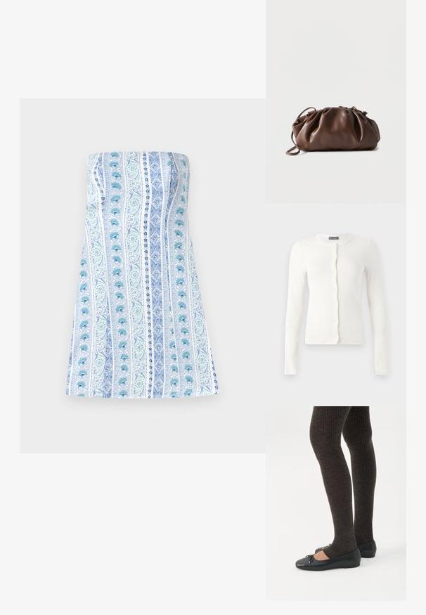 Hvid ribbet cardigan med lange ærmer, rund halsudskæring og knaplukning foran. Blødt stof med figursyet design og subtil tekstur.; Stropfri kjole i hvid med lodrette blå og grønne blomsterstriber, der har en glat tekstur og en tætsiddende bodice med en udvidet nederdel.; Ben iført mørke ribbede leggings kombineret med sorte balletsko med små sløjfedetaljer på hvid baggrund.; Blød brun læderpung med samlet top og tynd strop, hvilende på hvid baggrund.