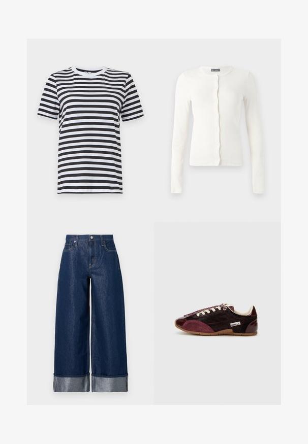 Cárdigan blanco de manga larga con canalé, escote redondo y cierre frontal con botones. Tejido suave con un diseño ajustado y textura sutil.; Camiseta de rayas negras y blancas hecha de algodón suave, con cuello redondo y mangas cortas, con rayas horizontales uniformemente espaciadas.; Pantalones vaqueros de mezclilla azul oscuro de pierna ancha con cintura alta, diseño de cinco bolsillos y puños doblados que muestran una tela interior más clara.; Zapatilla granate y burdeos con puntera de charol suave, lados de ante, cordones texturizados y un interior acolchado color crema. Suela de goma.