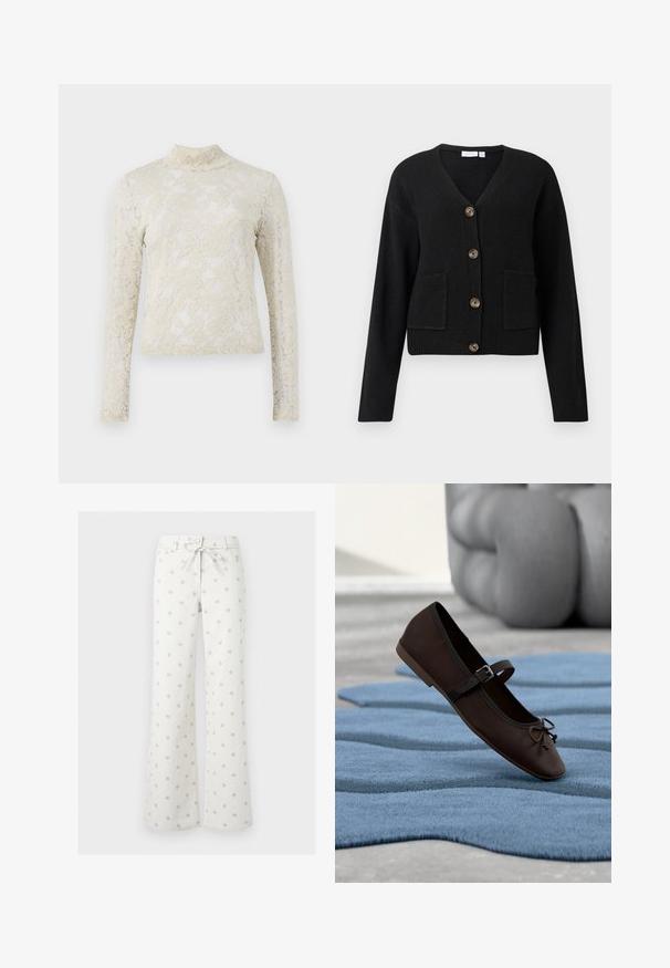 Sort cardigan lavet af blødt strikkemateriale med V-hals, fem store brune knapper og to forlommer med ribbet kant.; Cremefarvet blonde top med høj hals, lange ærmer og blomsterdesign, med en tætsiddende silhuet og struktureret overflade.; Hvide bukser med vide ben og små grå blomsterprint, frontknap, lynlås og snørejustering i taljen.; Mørkebrun Mary Jane-flad sko med spænde og sløjfedetalje, der hviler på en bølget blå tekstureret tæppe med grå polstret sofa i baggrunden.