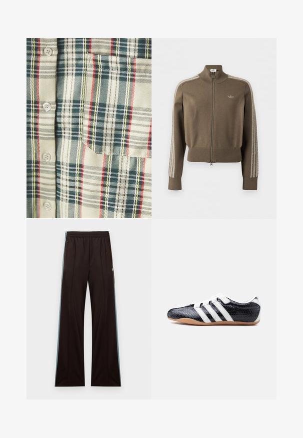 Brun zip-op træningsjakke med høj krave, ribstrikkede manchetter og kant, Adidas-logo på brystet og bløde, hårede striber ned ad ærmerne.; Rutet skjorte i creme med mørkegrønne, røde og gule accentuer. Har en lomme og runde knapper, lavet af et blødt, vævet stof.; Sorte løse bukser med lyseblå sidelommer, elastisk talje, lynlås på lommerne og Adidas-logo på venstre hofte.; Sort sneaker med hvide striber og velcrolukninger, tekstureret overflade og sål i gummigummi, vist fra siden på en hvid baggrund.